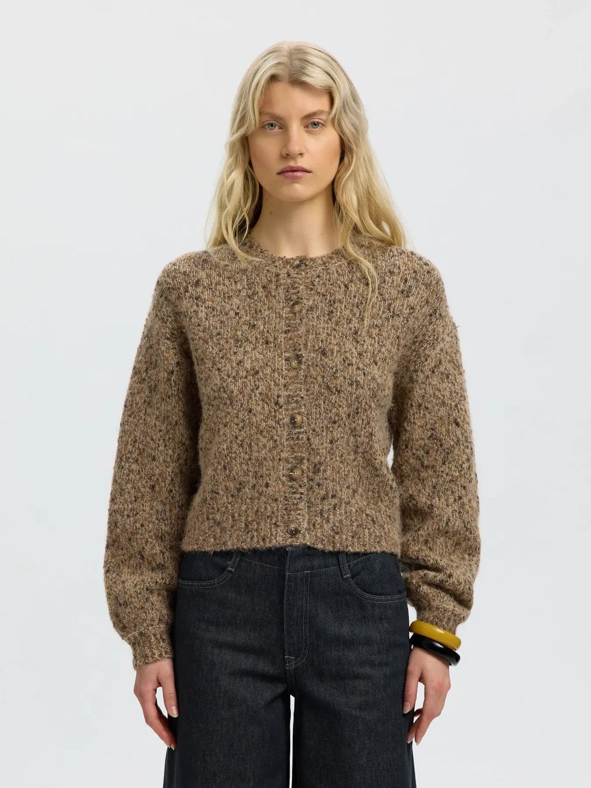 SLWKAT LS Knit Short Cardigan, Travertine Delicioso and Toffee