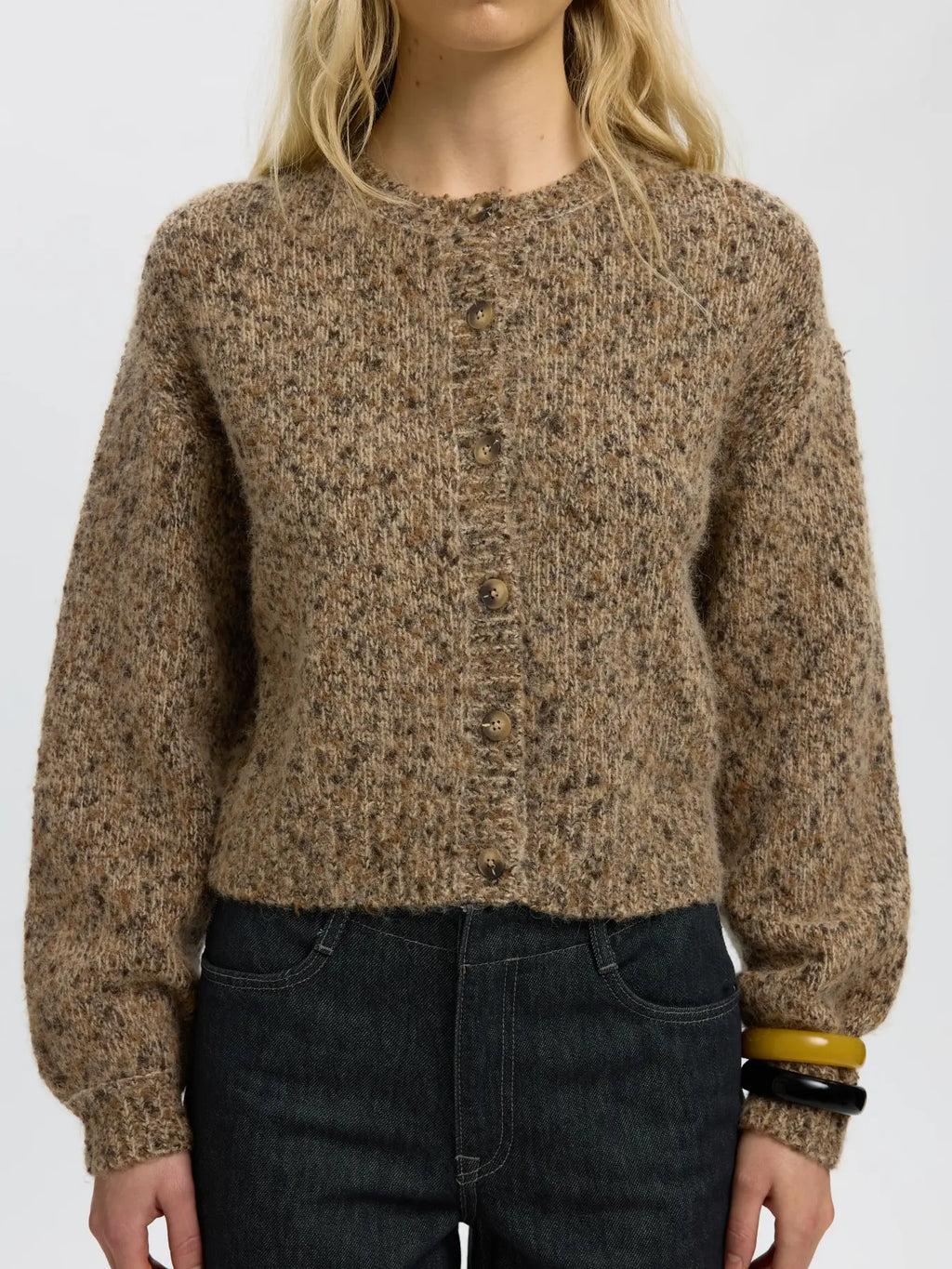 SLWKAT LS Knit Short Cardigan, Travertine Delicioso and Toffee