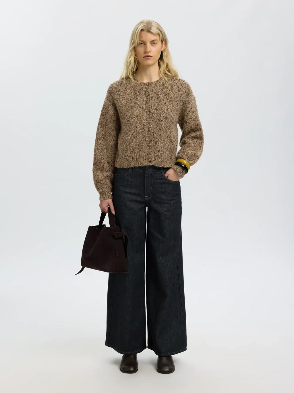 SLWKAT LS Knit Short Cardigan, Travertine Delicioso and Toffee