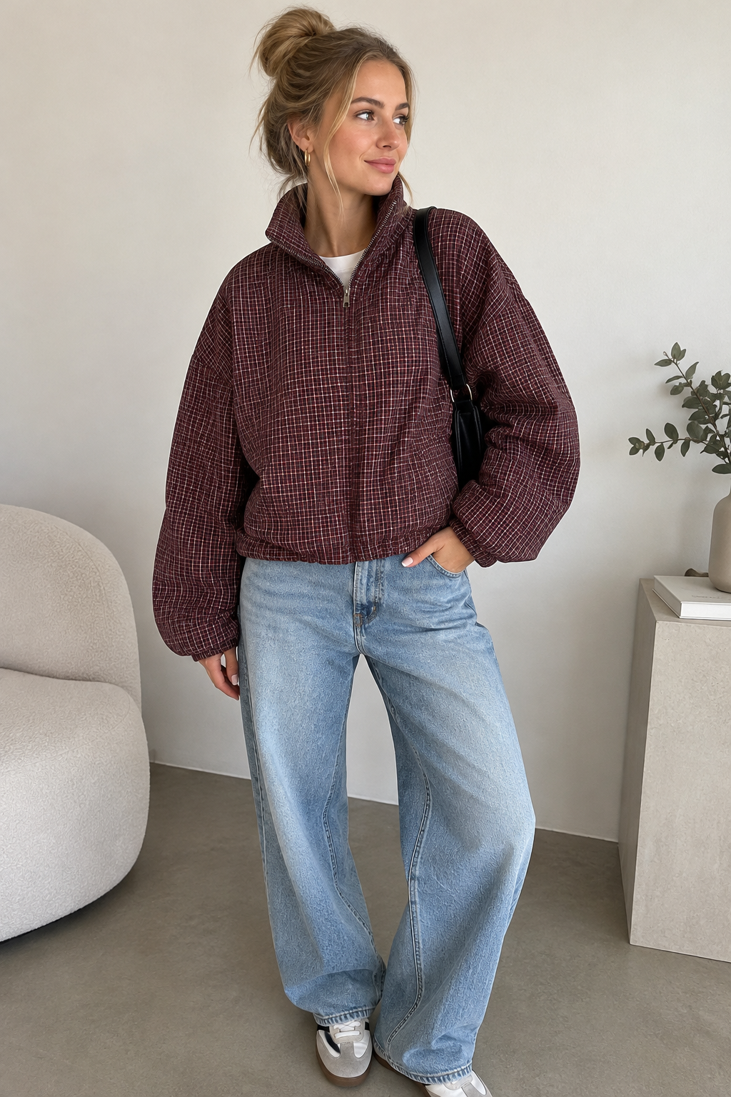 WLLENI Windbreaker Jacker, check bordeaux