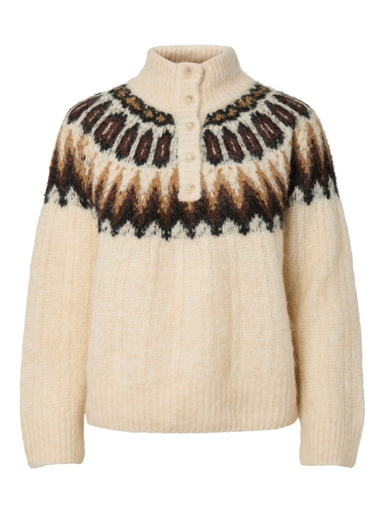 YASDOMINA LS WOOL BLEND KNIT PULLOVER, Wood Ash W. Dijon/Shaved Chocolate