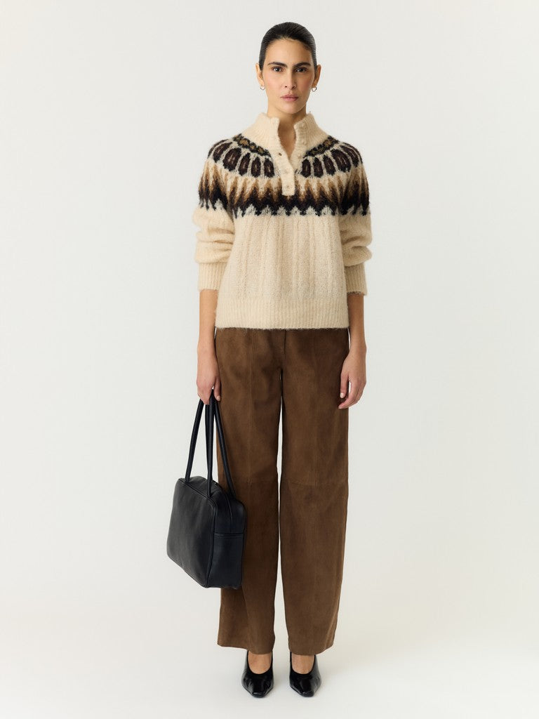YASDOMINA LS WOOL BLEND KNIT PULLOVER, Wood Ash W. Dijon/Shaved Chocolate