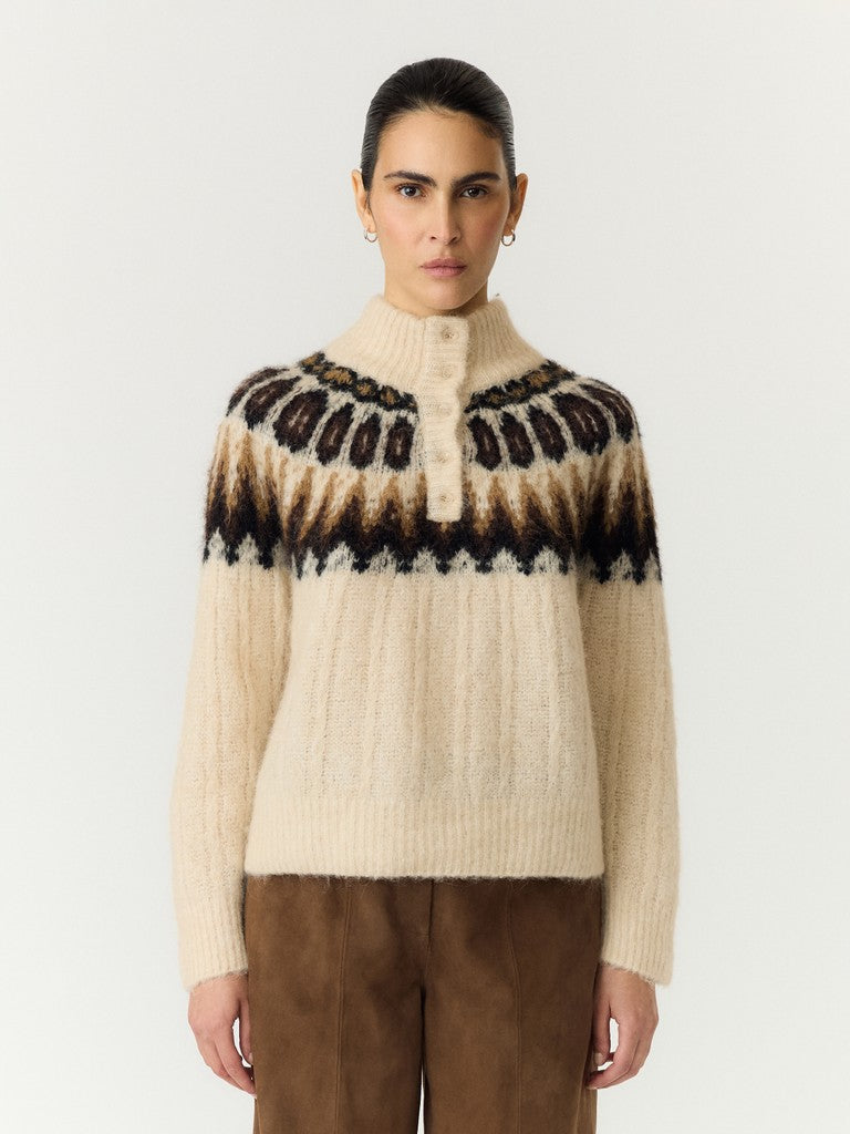 YASDOMINA LS WOOL BLEND KNIT PULLOVER, Wood Ash W. Dijon/Shaved Chocolate
