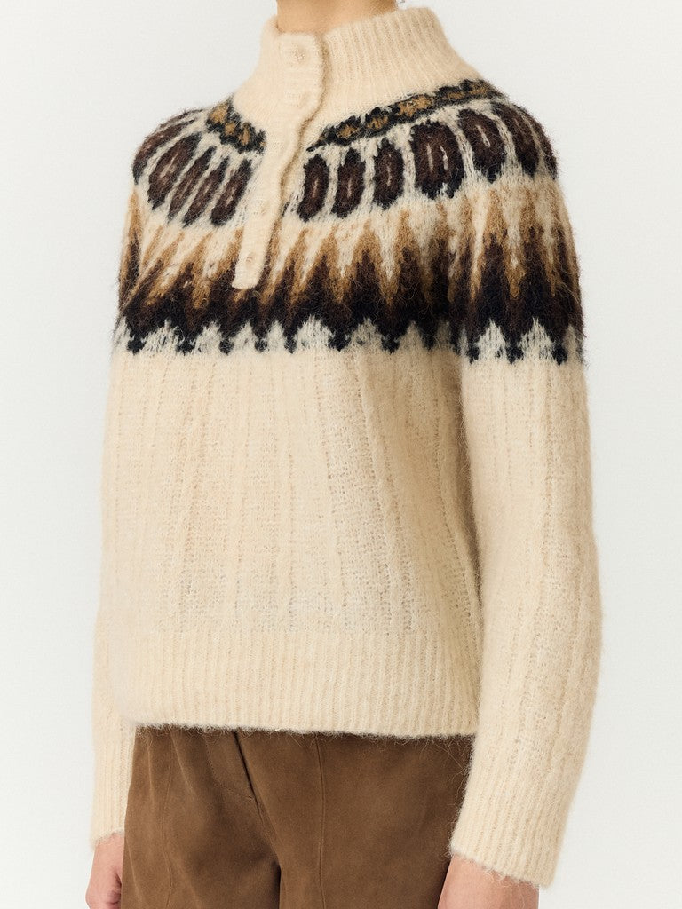 YASDOMINA LS WOOL BLEND KNIT PULLOVER, Wood Ash W. Dijon/Shaved Chocolate