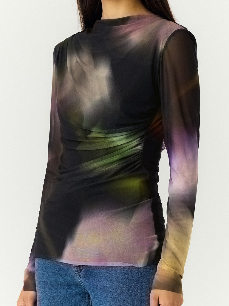 YASSHAMA LS MESH TOP, Black Shama print