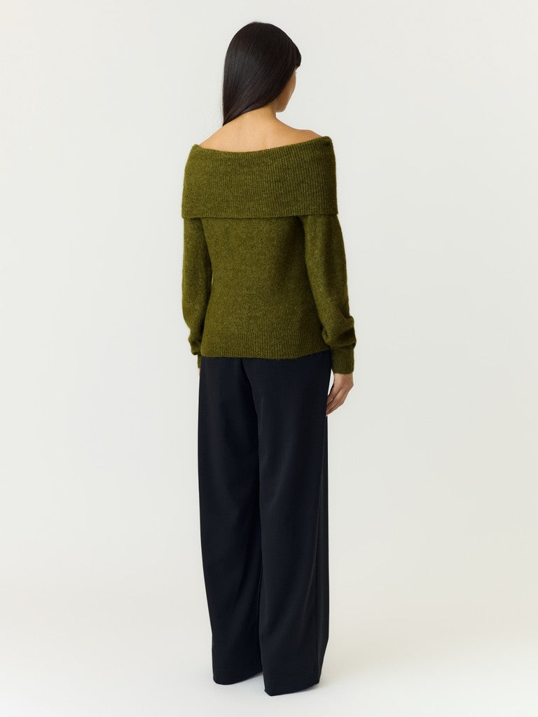 YASJOHI Off Shoulder Wool Blend Pullover,  Fir Green
