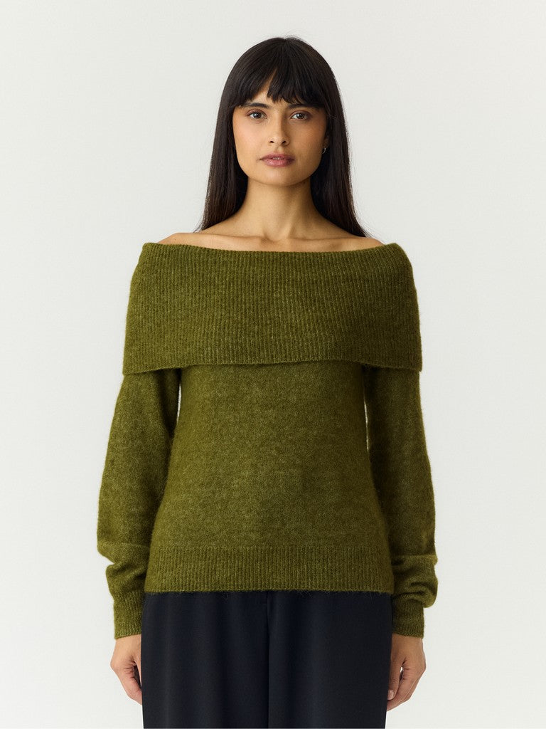 YASJOHI Off Shoulder Wool Blend Pullover,  Fir Green