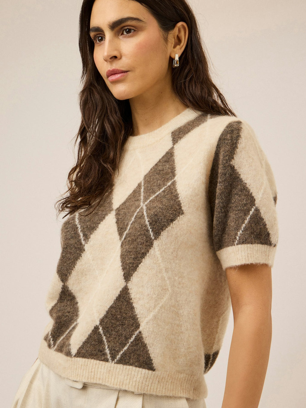 YASJOHI Wool Blend Pullover, Oatmeal Taupe Gray + Pristine harlequin