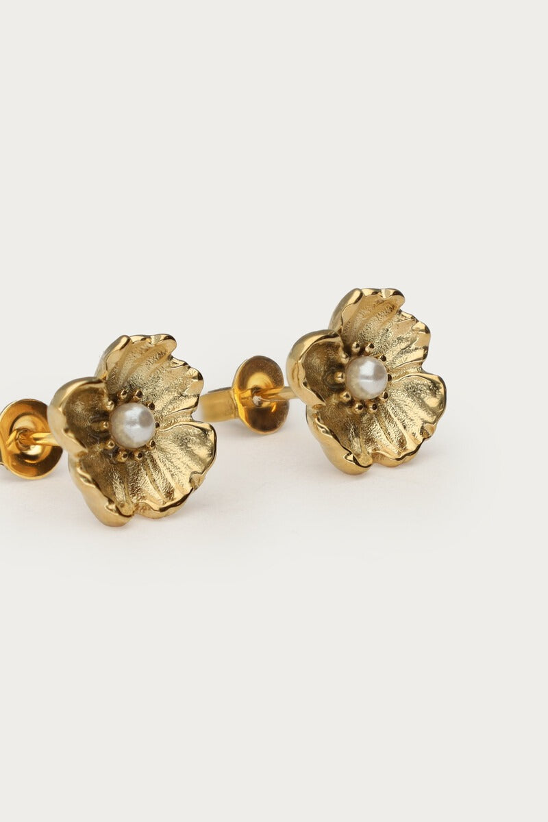 MYANUK Ohrstecker mit Ranunkelblüte und Kunstperlen, gold